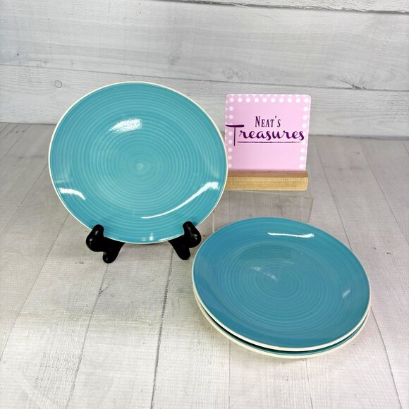 Dover & York DYO1 CIRCLES Rings Swirl Aqua Stoneware Coupe Salad Plates Set of 3 - Picture 1 of 16